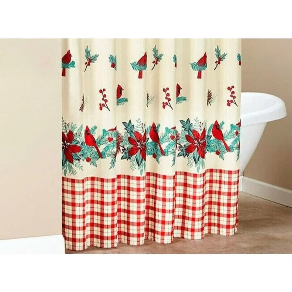 Cardinal Bird Garland Shower Curtain Winter Holiday Holly Berry Poinsettia NEW